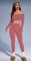 Scallop Edge Off-Shoulder Lounge Set - Rosewood Pink