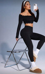 Scallop Edge Off-Shoulder Lounge Set - Rosewood Pink