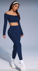 Scallop Edge Off-Shoulder Lounge Set - Rosewood Pink